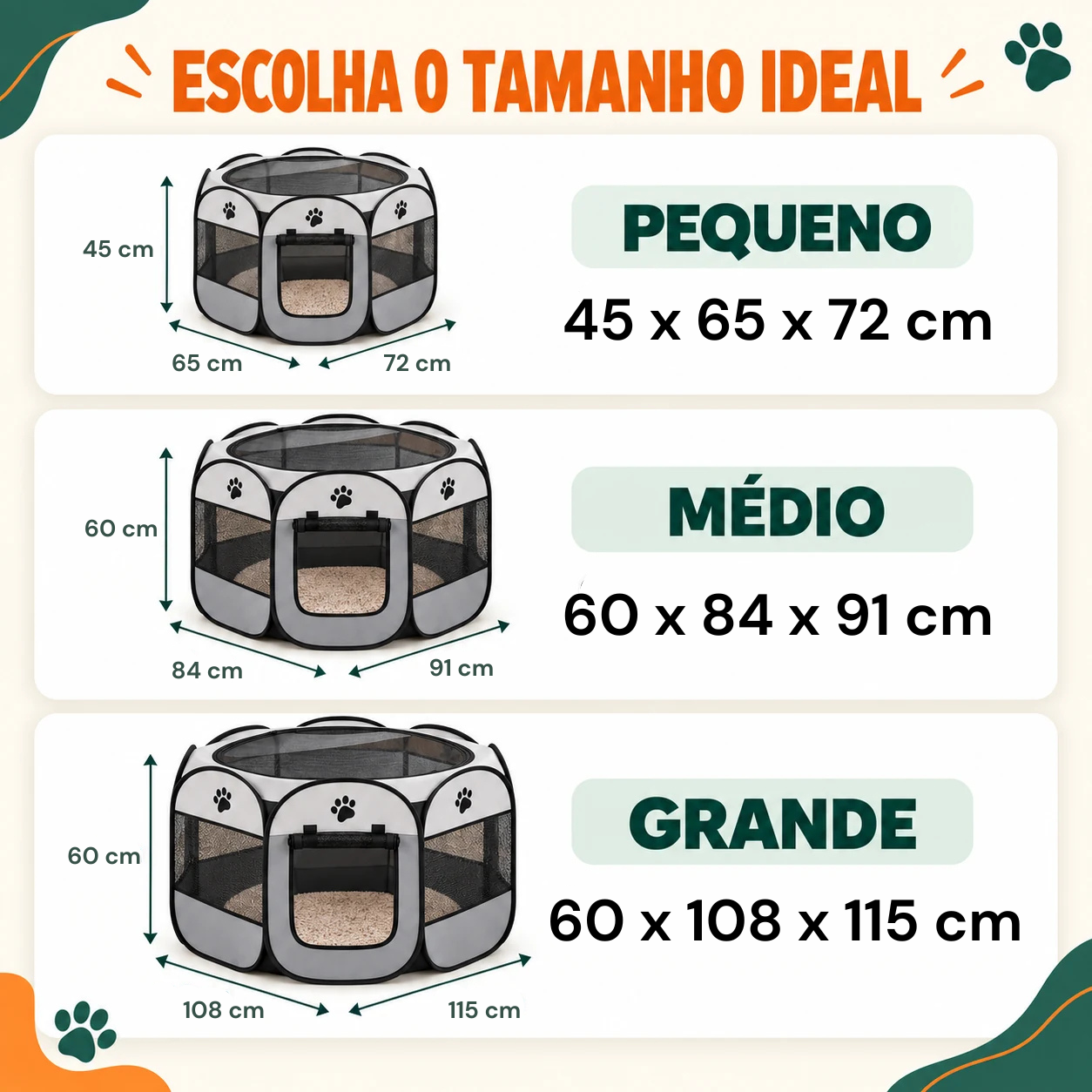Guia de tamanhos do cercadinho